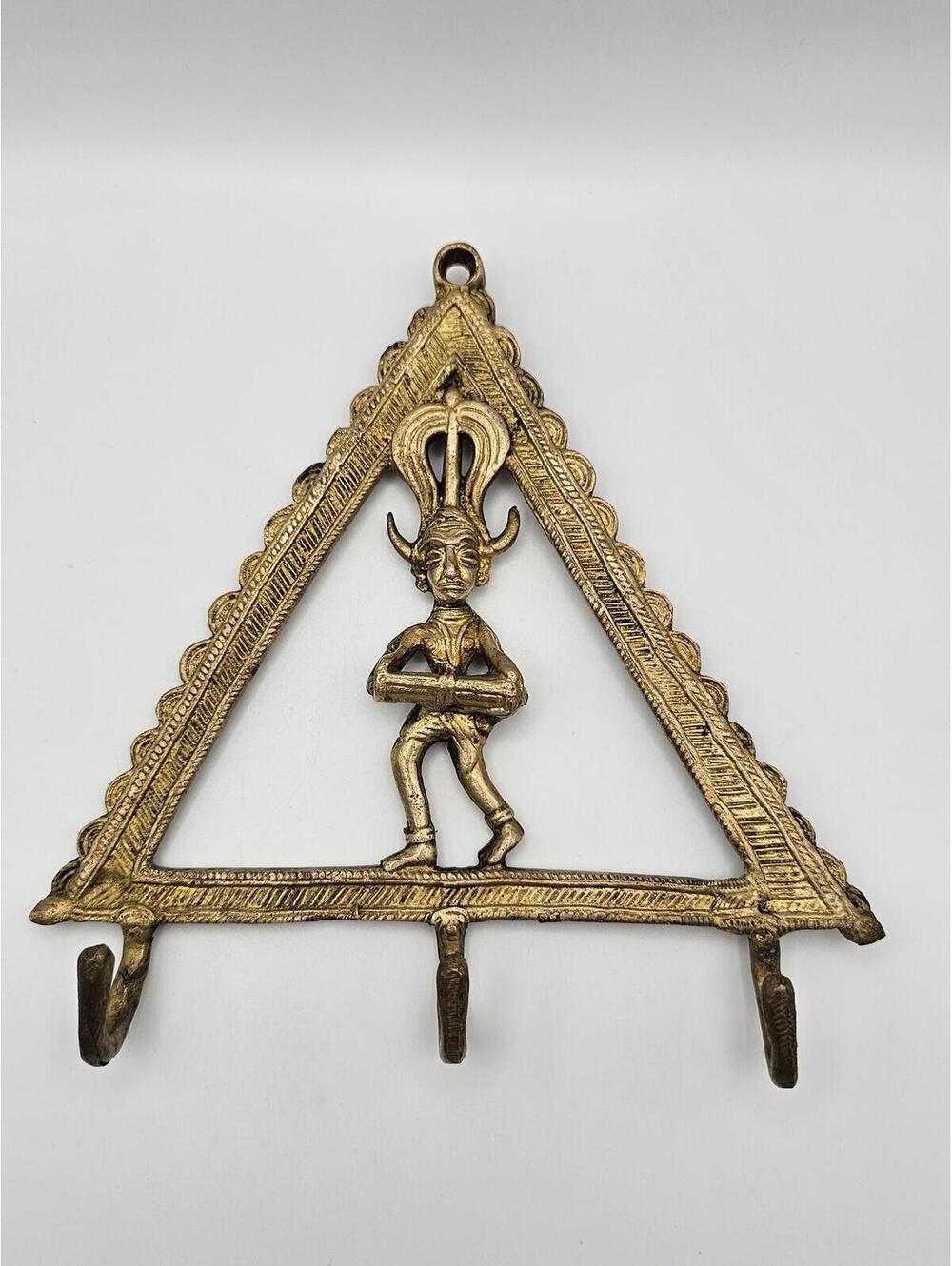 Vintage Brass Key Holder Bastar Art Style Tribal Triangle Wall Hook India Decor